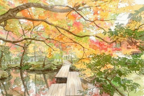 紅葉散策の水彩画